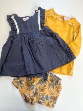 Tommy Bahama blue Ruffle Baby top &  Mustard Top with Floral shorts size 12m